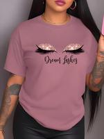 Women's Letter & Eye Print Drop Shoulder Tee, Fashion Casual Short Sleeve Round Neck T-shirt for Daily Outdoor Wear, Apparel,...