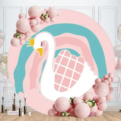 Aperturee White Swan Round Girls Pink Baby Shower Backdrop