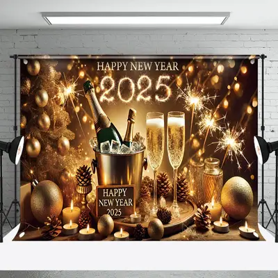 Aperturee Golden Ornaments Beer Dazzling Lights New Year Backdrop - Aperturee