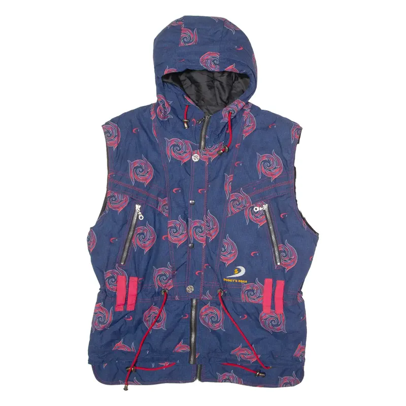 DOOGY'S DOGS Womens Gilet Blue 90s Hooded Crazy Pattern UK 16