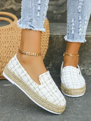 Women's Boho Style Solid Color Slip on Espadrilles Flats, Fashionable Round Toe Flat Shoes for Daily Wear, Lightweight Breath...