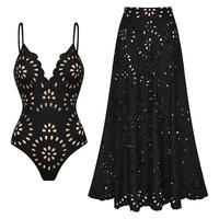 Women’s Laser Cut Dotted Black One Piece Swimsuit and Cover Skirt Swimwear Set Chic Beachwear Bathing Suit