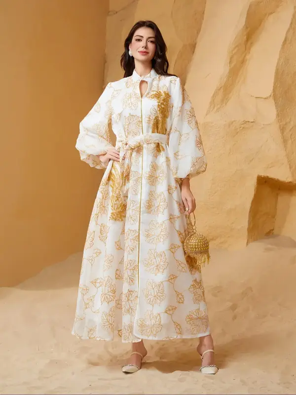 Women's Floral Embroidery Long Sleeve Dress, Elegant Long Dress for Party Wedding Guest, Ladies Islamic Clothing for All Seas...