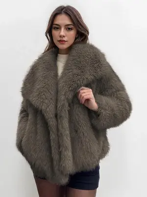 Women's Solid Color Faux Fur Luxury Jacket, Priscilla Fur Coat, Casual Warmth Long Sleeve Collared Fuzzy Coat for Fall & ...