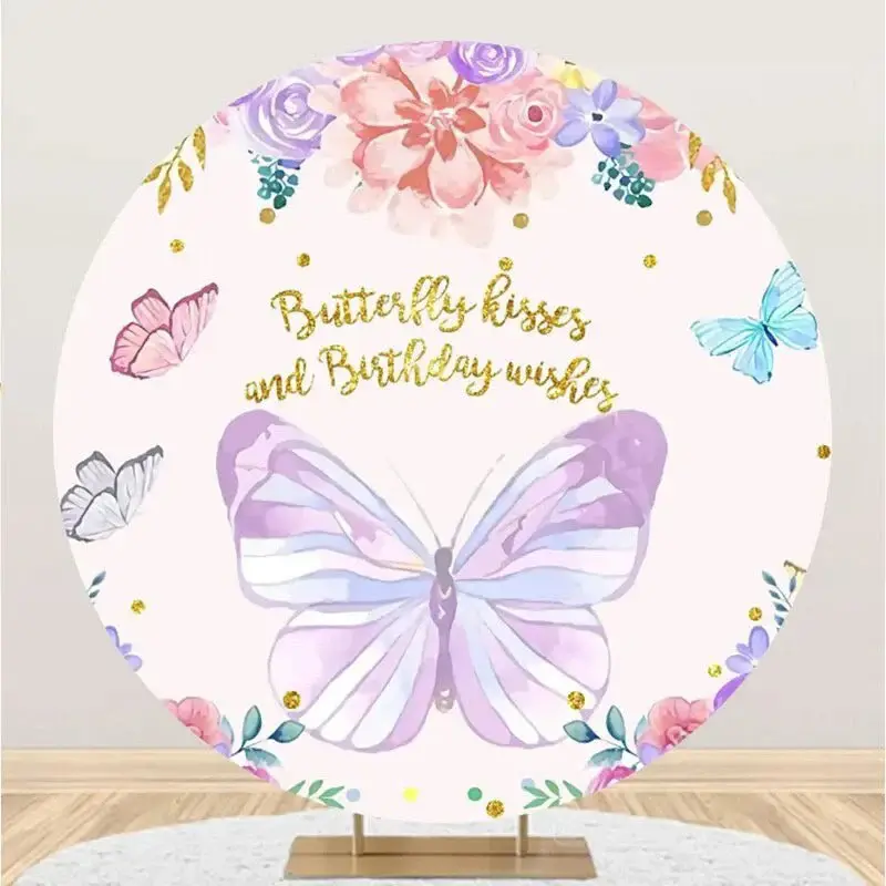 Circle Colorful Floral Butterfly Birthday Backdrop - Aperturee