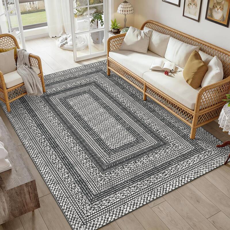 Garvee 5x7 Modern Bordered Area Rug, Washable Non-Slip Low Pile Carpet with TPE Backing, Soft Durable Black & Grey Geometric ...