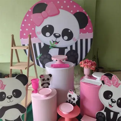 Aperturee Black And White Panda Round Pink Birthday Backdorp | Birthday Backdrop Ideas | Round Birthday Backdrop | Circle Bac...