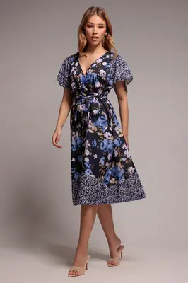 Goddiva Flutter Sleeve Printed Midi Dress - Navy Print