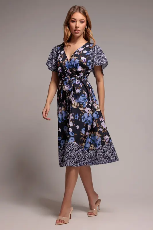 Goddiva Flutter Sleeve Printed Midi Dress - Navy Print