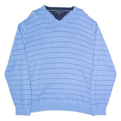 TOMMY HILFIGER Mens Patterned Jumper Blue Striped V-Neck Tight Knit XL