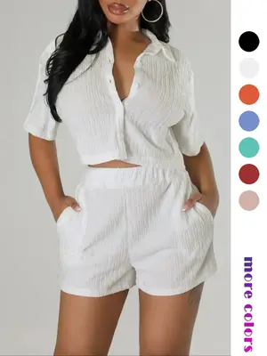 Two-piece Set Women's Textured Button Front Shirt & Elastic Waist Shorts Set, Chic Casual Style Versatile Short Sleeve Collar...