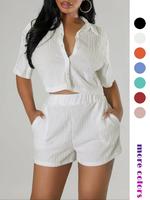 Two-piece Set Women's Textured Button Front Shirt & Elastic Waist Shorts Set, Chic Casual Style Versatile Short Sleeve Collar...