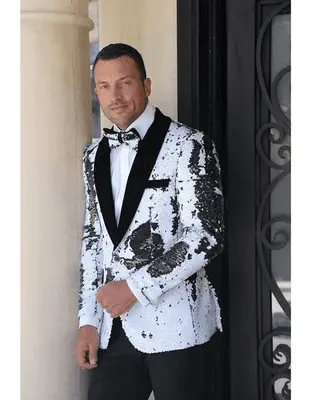 Men's Fashion Paisley Print Tuxedo Sequin ~ Shiny ~ Flashy ~ Shark Skin White Blazer Dinner Jacket