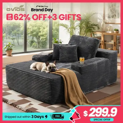 【Fall Deals For You】Ovios 67'' Boneless Chaise Lounge Chair with Cup Holders, Oversized Upholstered Sofa Bed, Sleeper Cou...