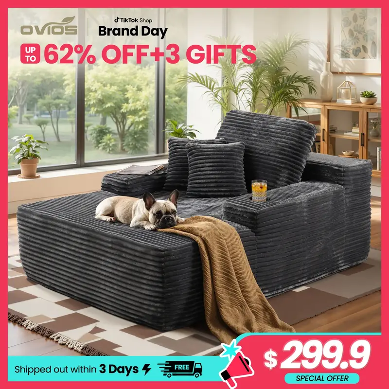 【Fall Deals For You】Ovios 67'' Boneless Chaise Lounge Chair with Cup Holders, Oversized Upholstered Sofa Bed, Sleeper Cou...