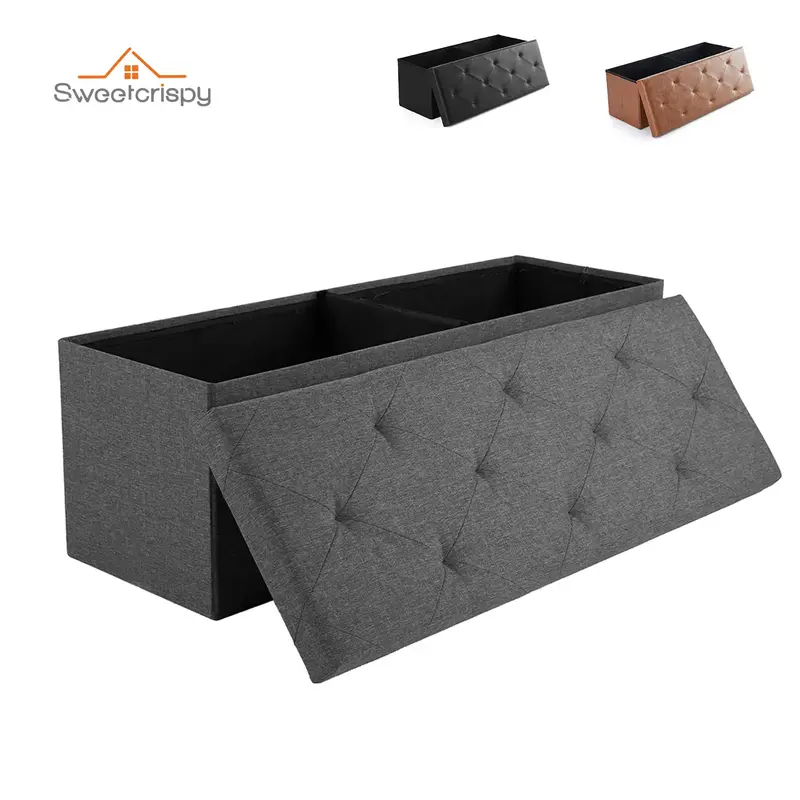 【New Color】Folding Storage Ottoman Bench Modern Linen Fabric Padded Seat Large Toy Box End of Bed Entryway Comfortable Du...