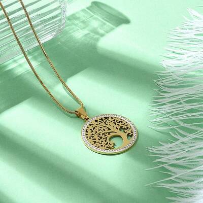 304 Stainless Steel Crystal Rhinestone Tree of Life Pendant Necklaces for Women