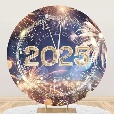Aperturee Blue Gold Bokeh 2025 Round Happy New Year Backdrop - Aperturee