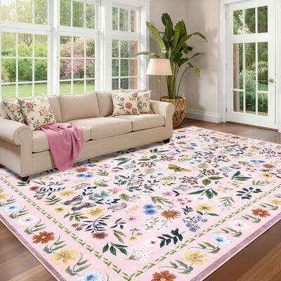 Garvee Vintage Floral Area Rug 9x12, Washable Low Pile, Stain Resistant Faux Wool, Non-Shedding, Anti-Skid Backing, Boho Livi...