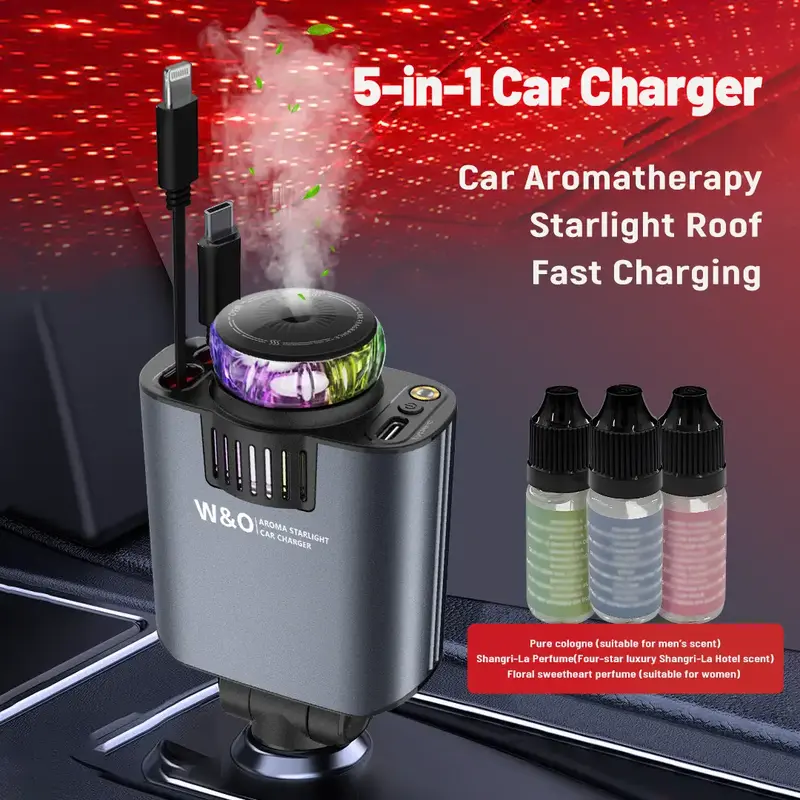 W&O 5-in-1 Starlight/Airfreshener Car Charger-Retractable Cables with Star Projector Headliner, 2 USB Port Adapters, Durable ...