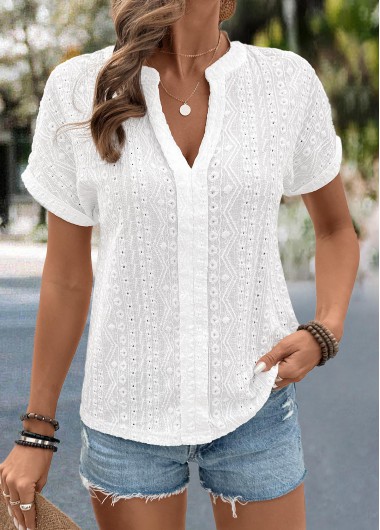 Modlily White Lace Short Sleeve Split Neck Blouse - M