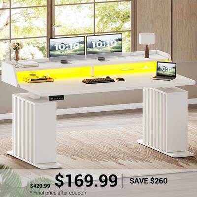 SEDETA 55 Inch Fluted Electric Standing Desk Ergonomic Height Adjustable Desk with Storage Power Outlets LED Lights White Hom...