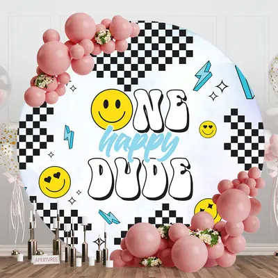 Round Black White Plaid Dude One Birthday Backdrop