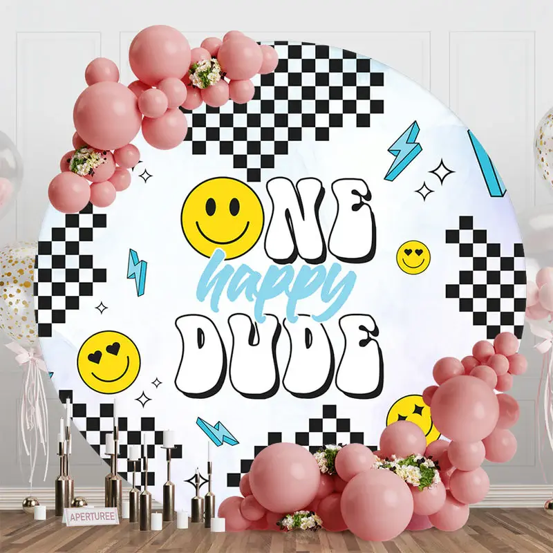 Round Black White Plaid Dude One Birthday Backdrop