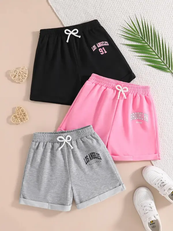 Girl's Letter Print Elastic Waist Shorts, Casual Comfy Breathable Shorts for Daily Wear, Kids Bottoms for Summer, Tie Waist S...