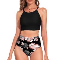 Aleumdr Women's Bikini Sets High Neck Tropical Leaf Print High Waisted Two Pieces Swimsuits Bathing Suits Sport Swimming Clot...