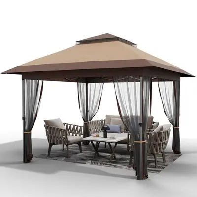 Garvee 12'x12' Pop-up Gazebo Double Roof Outdoor Canopy Tent with Mosquito Netting for Lawn Patio Garden Camping Shelter Khak...