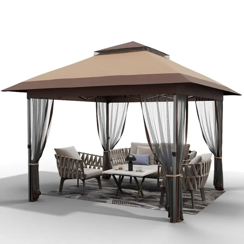 Garvee 12'x12' Pop-up Gazebo Double Roof Outdoor Canopy Tent with Mosquito Netting for Lawn Patio Garden Camping Shelter Khak...