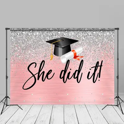 Silver Diamonds Pink She Did It Grad Photo Backdrop - Aperturee