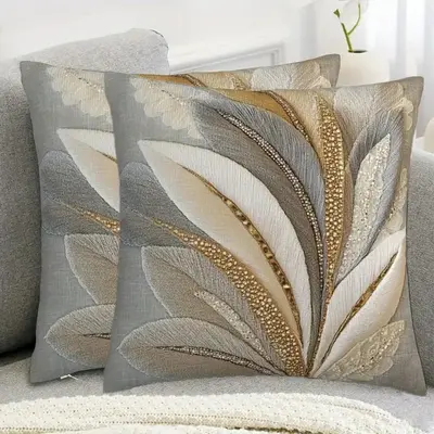 Set of 2 Elegant Feather Print Cushion Covers, Soft Polyester Zippered Cases, Machine Washable Home Decor Sofa Pillowcases