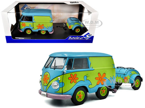 2024 Volkswagen Kool Kombi Van with Trailer Ghost Hunter Blue and Green with Graphics 1/18 Diecast Model Car by Solido