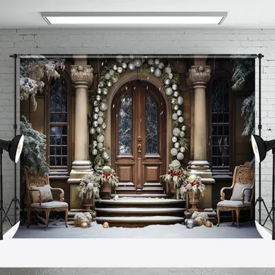 Retro Pillar Wreath Door Snow Stair Xmas Backdrop - Aperturee
