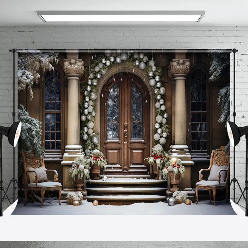 Retro Pillar Wreath Door Snow Stair Xmas Backdrop - Aperturee