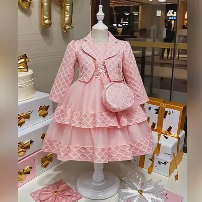 Exquisite Long-Sleeve Tulle Princess Dress Set for Girls - Elegant Tiered Party Gown with Delicate Mesh Insets for Birthday C...