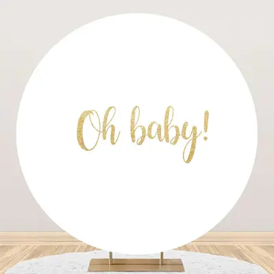 White Gold Oh Baby Round Backdrop For Gender Reveal - Aperturee
