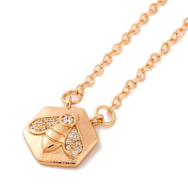Brass Pave Clear Cubic Zirconia Cable Chain Bees Hexagon Pendant Necklaces for Women