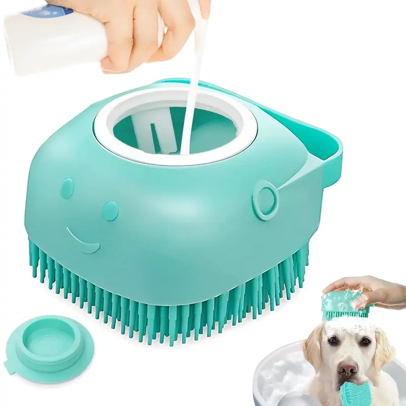 Pet Bath Scrubber Brush, Dog Grooming Massage Shampoo Bath Brush with Soap and Shampoo Dispenser Soft Silicone Bristle for Lo...