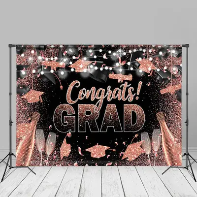 Pink Glitter Hats Congrats Grad Photo Booth Backdrop - Aperturee