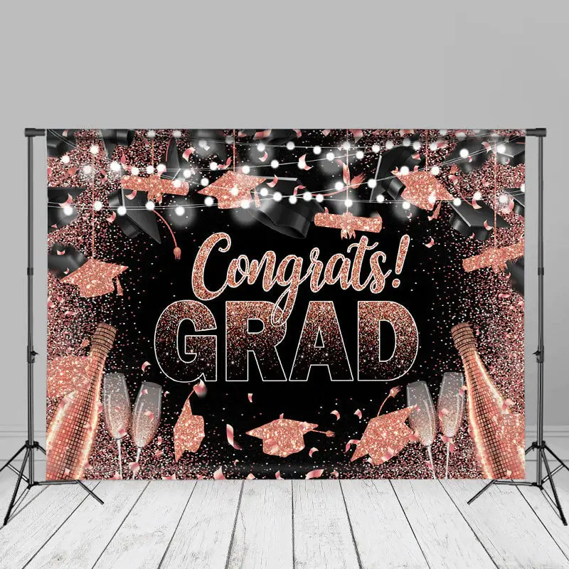 Pink Glitter Hats Congrats Grad Photo Booth Backdrop - Aperturee