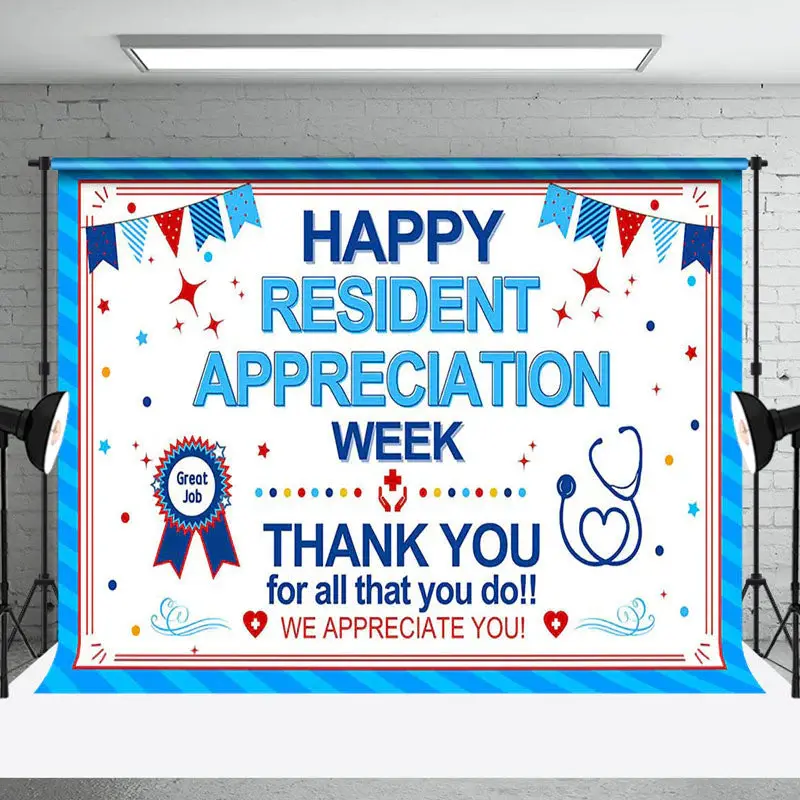 Blue White Happy Resident Appreciation Week Backdrop - Aperturee