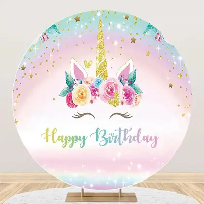 Gold Rainbow Unicorn Floral Round Birthday Backdrop - Aperturee