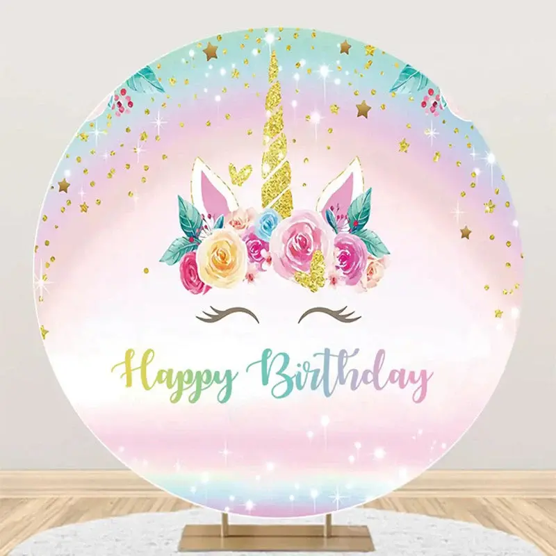Gold Rainbow Unicorn Floral Round Birthday Backdrop - Aperturee
