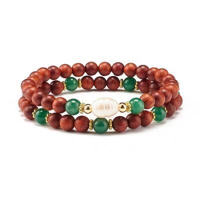 Natural Wood Round Beads Bracelets Set