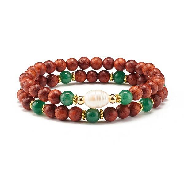 Natural Wood Round Beads Bracelets Set