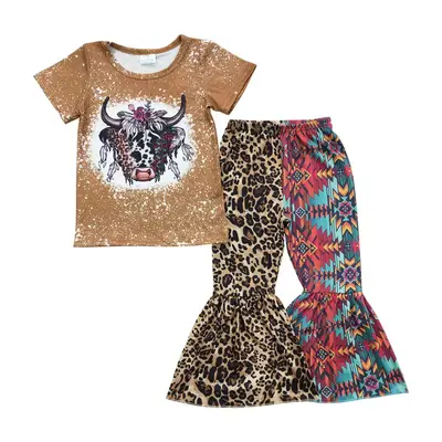 GSPO0263--Stylish Clothes Yak Brown Short Sleeve Top Leopard Aztec Print Patchwork Bell Bottoms Pants Sets Spring Kids Clothe...