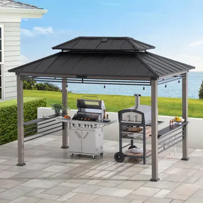 SUNJOY 8x12 Black Wood Grill Gazebo with Solar Power, Fence and Shelves